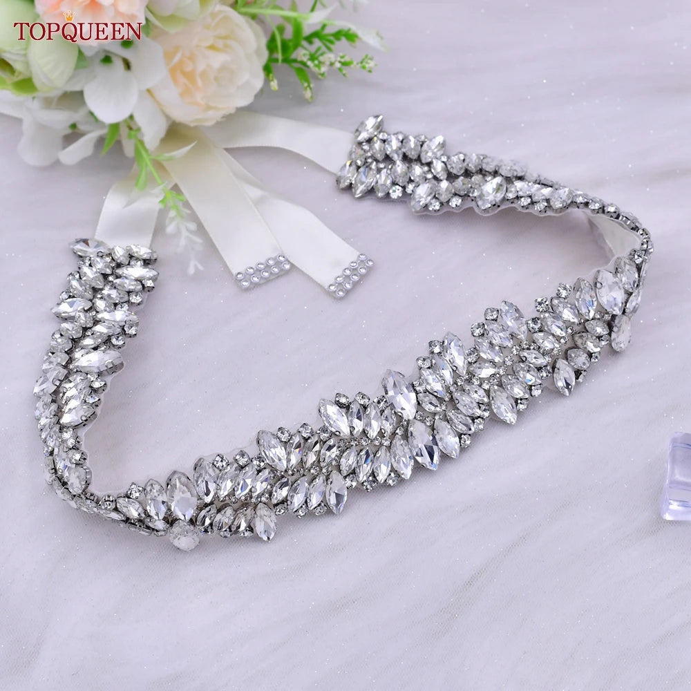 TOPQUEEN S81 Woman Bridal Wedding Decorative Belt for Party Evening Dress Accessories Female Fashion Belts Silver Rhinestones