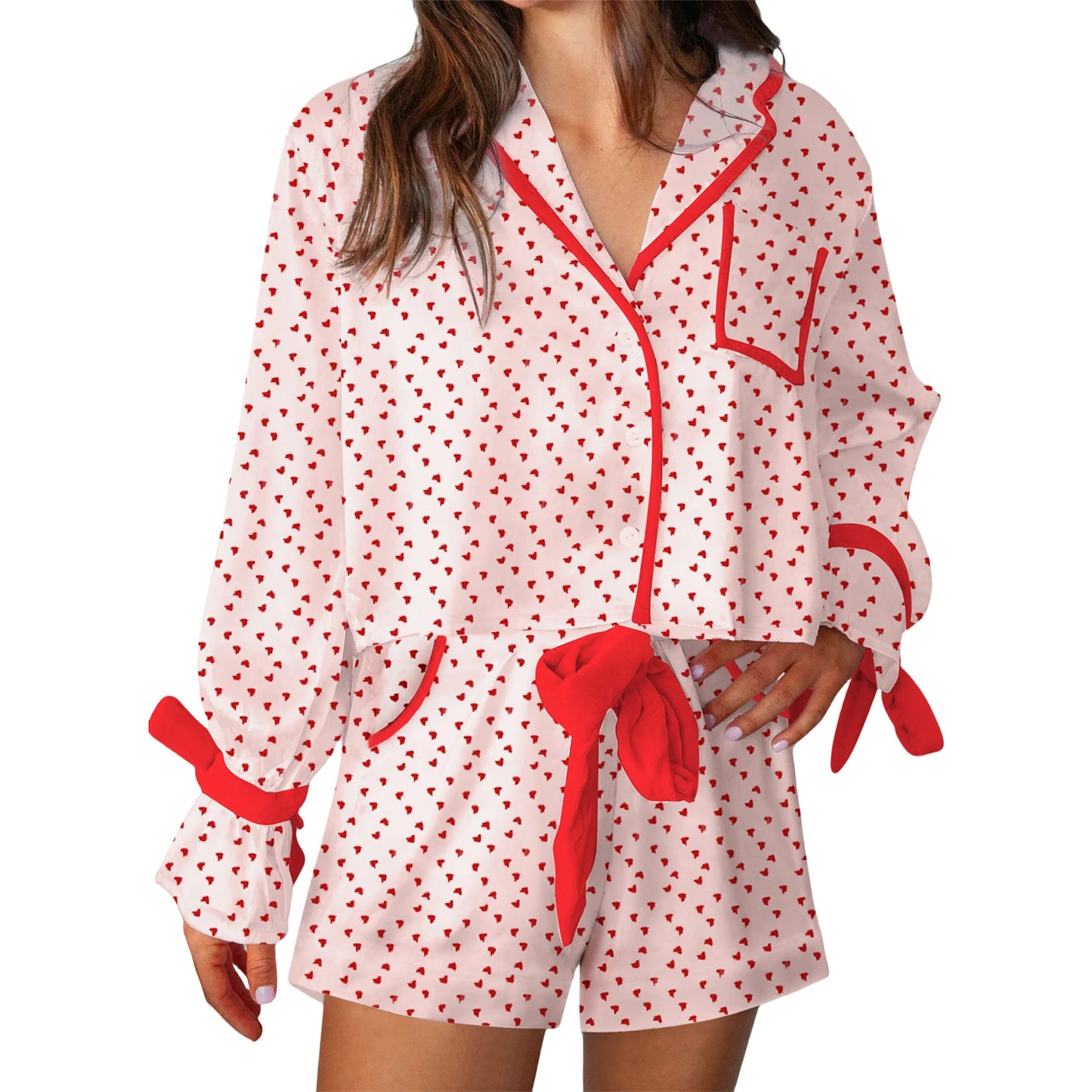 Women s Valentine s Day Lounge Set Long Sleeve Heart Print Shirt Drawstring Shorts Sleepwear