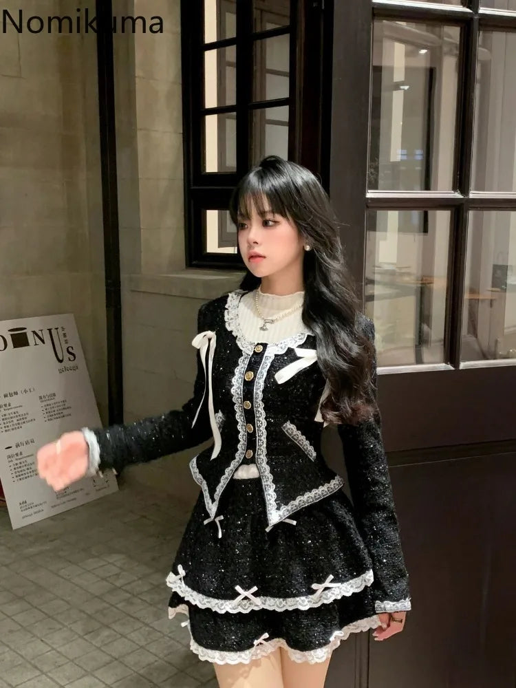 Skirt Outfits Chic Korean Two Piece Set Women Clothing Long Sleeve Tunic Coat A-line High Waist Skirts Suit Lace Bow Sweet Sets