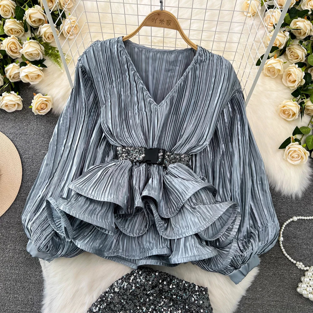Fashion Blouse Skirts Set Women's Lantern Long Sleeve V-neck Ruffles Shirt High Waist Sequin Half Skirt for Party 2025 New