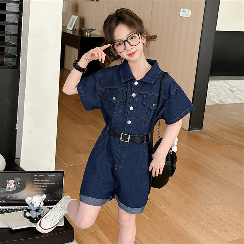 Girls' summer jumpsuit 2024 new Korean version of children's short-sleeved denim shorts children's fashion pants