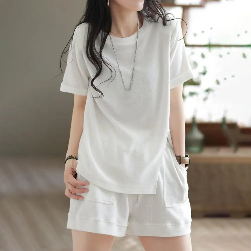 Fashion Sports Shorts Lint Free Dress-up Non-Fading Women Loose Shirt with Shorts Two-piece Suit Short Sleeve Wide Leg