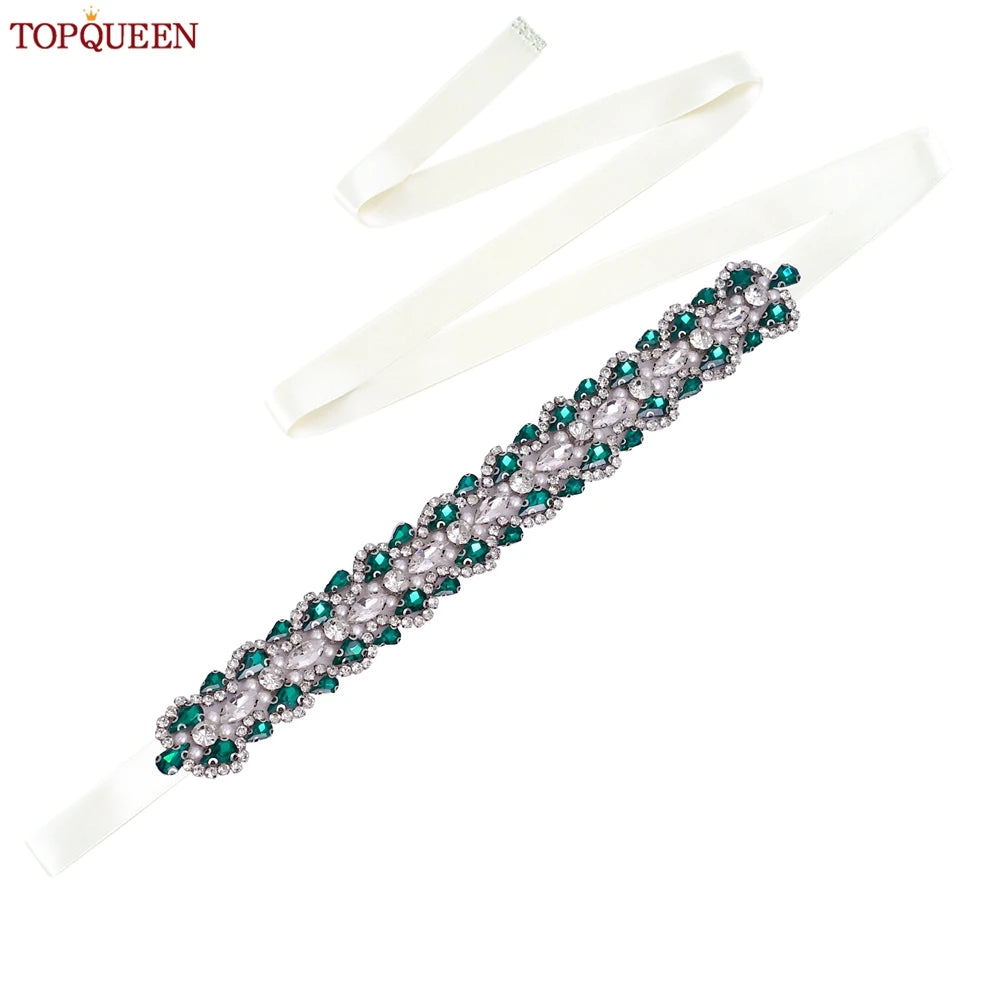 TOPQUEEN Luxury New Bridal Belt Wedding Supplies Dinner Dress Waist Decoration Green Bridesmaid Sash Accessories S466-D