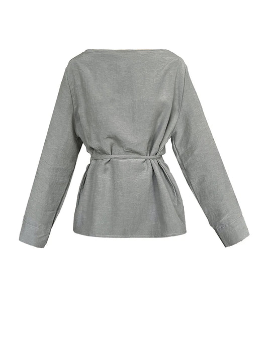 FANAN Women's Shirts Round Neck Lace-up Gathered Waist Long Sleeve Fit Blouses Female Tops Fashion Clothes 2025 Spring New