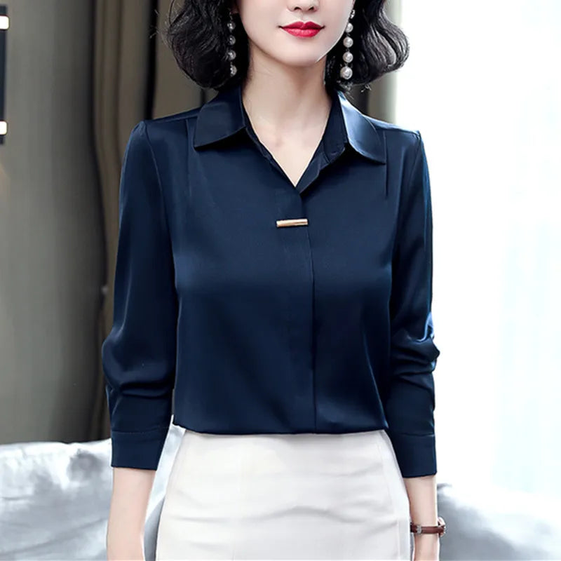 Women's Silk Shirts 2023 Spring Fashion Solid Loose Fashion Ladies Tops Button Long-sleeve Blouse Turn-down Collar Women Shirt