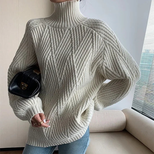 Sweaters Pullovers Women Autumn Turtleneck Full Sleeve Casual Loose Y2k Tops Maxi Jumpers Knitted Spliced Thick Warm Winter