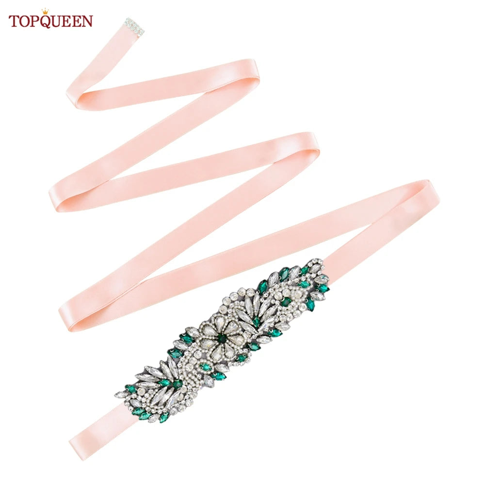 TOPQUEEN S22 Bride Rhinestone Belt Shiny Wedding Accessories Party Woman Emerald Belts Jewelry Wedding Dress Decoration Sash