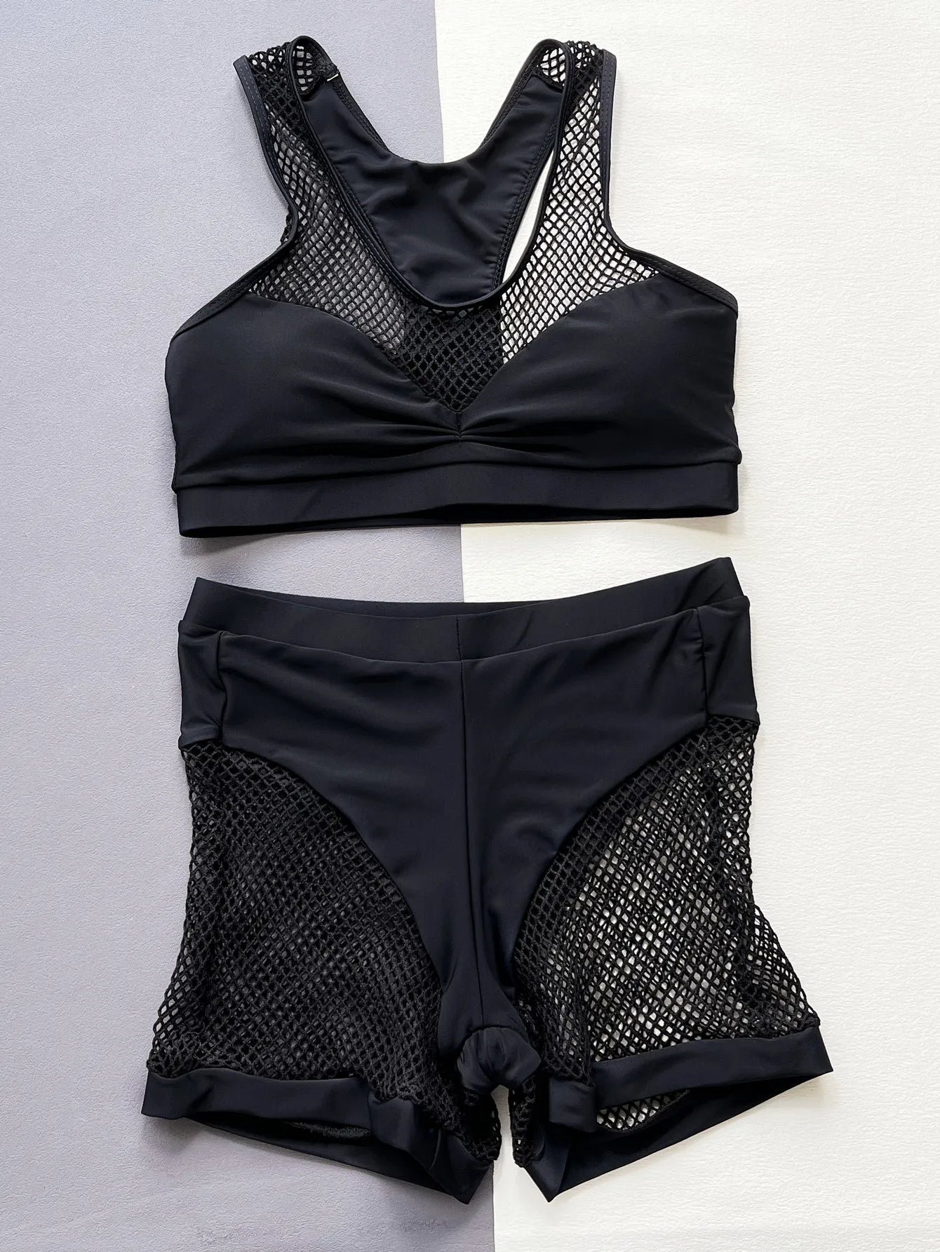 2025 Mesh Fishnet Sheer Shorts High Waist Bikini Female Swimsuit Women Swimwear Two-pieces Bikini set Bather Bathing Suit Swim
