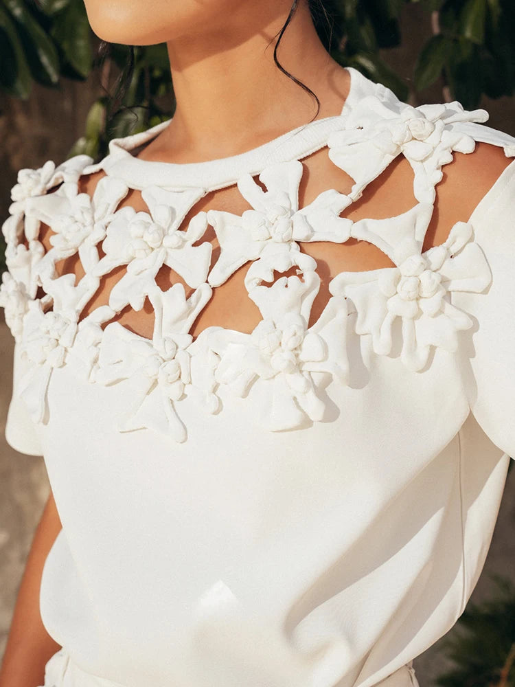 TWOTWINSTYLE Solid Elegant Two Piece Set For Women Round Neck Short Sleeve T Shirt High Waist Mini Skirt Slimming Sets Female