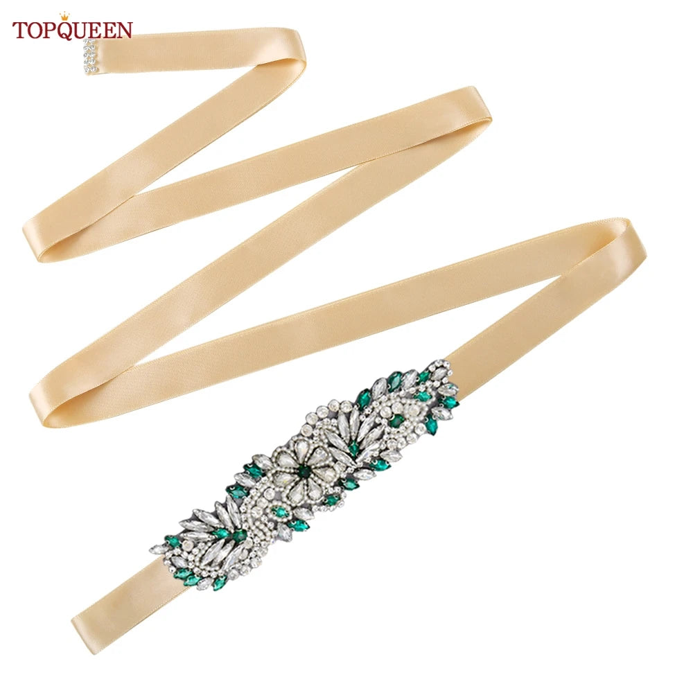TOPQUEEN S22 Bride Rhinestone Belt Shiny Wedding Accessories Party Woman Emerald Belts Jewelry Wedding Dress Decoration Sash