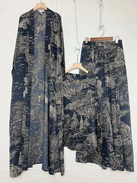 Retro geometric print loose cardigan three-piece set 2025 spring women's new pullover vest + draped loose culottes fashion suit
