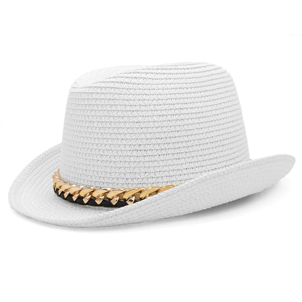 Men Women Summer Solid Straw Homburg Hats Classical Retro Fedora Caps Trilby Sunhat Party Beach Travel Outdoor Adjustable Size