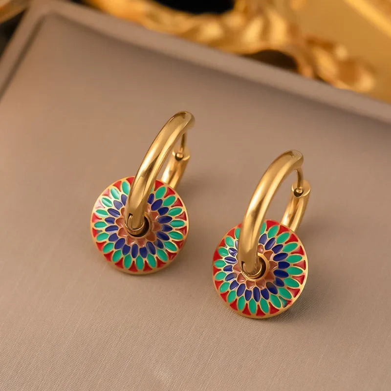 Vintage Painted Daisy Pattern Design Stainless Steel Necklace Earrings Set Female Creative Ethnic Style Jewelry Accessories