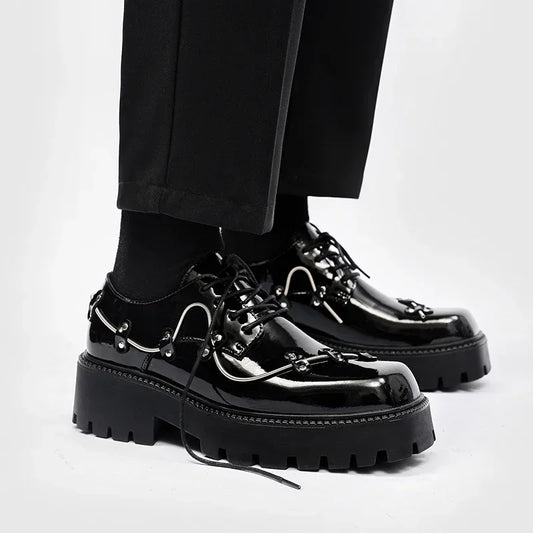 2025 New Small Style Thick Soled Derby Shoes Square Head Black Men's Business Casual Leather Retro Spring Decorative Shoes Men
