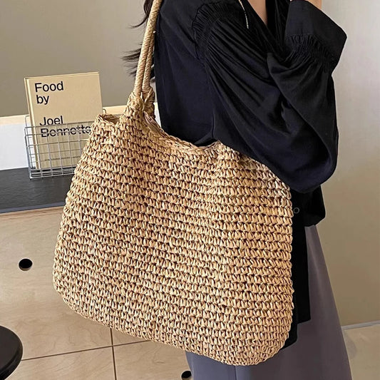 Casual Large Capacity Straw Tote Bag Simple Paper Woven Women Shoulder Bags Handmade Big Summer Beach Handbags Big Shopper Purse