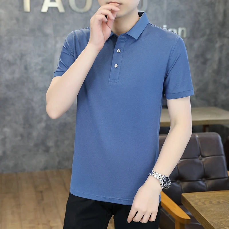 Summer Short Sleeve Men's Solid Button Pullover Turn-down Collar Vacation T-shirt Casual Formal Undershirt Preppy Style Tops