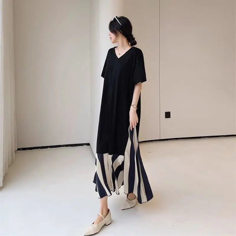 Striped T Shirt Dress New Loose V Neck Contrast Vintage Dress Fashion Elegant Women Clothing