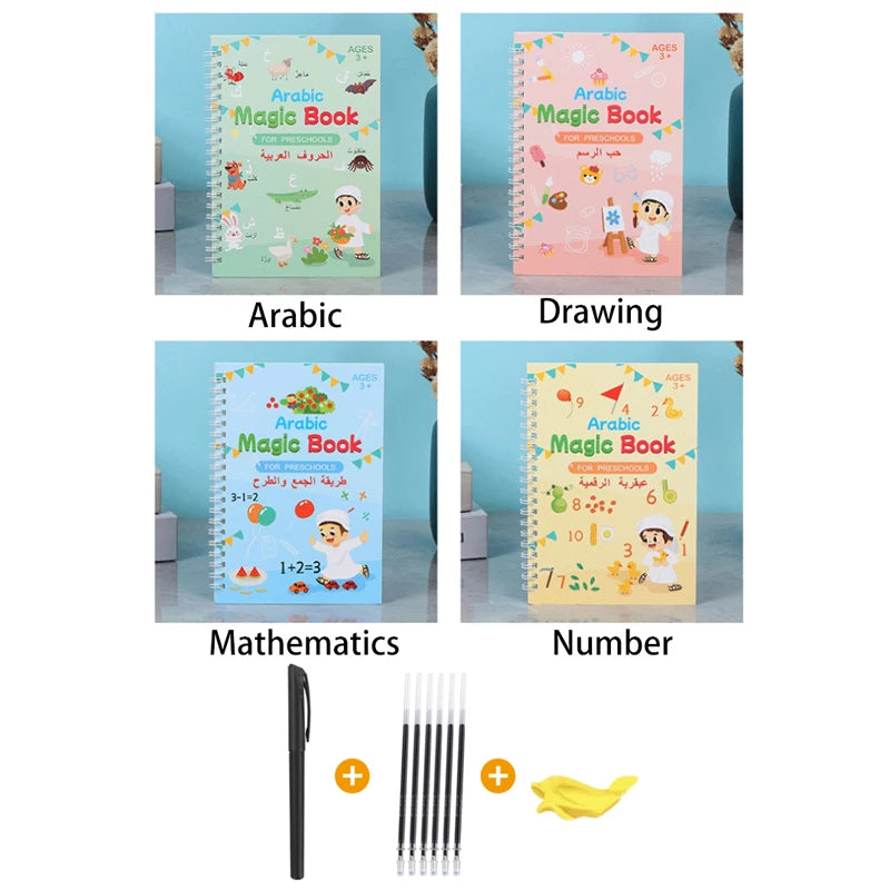 Learning Drawing Copybook Arabic Reusable Alphabet 3D Calligraphy Book Numbers Education for Kids Letter Practice 4 Books/set