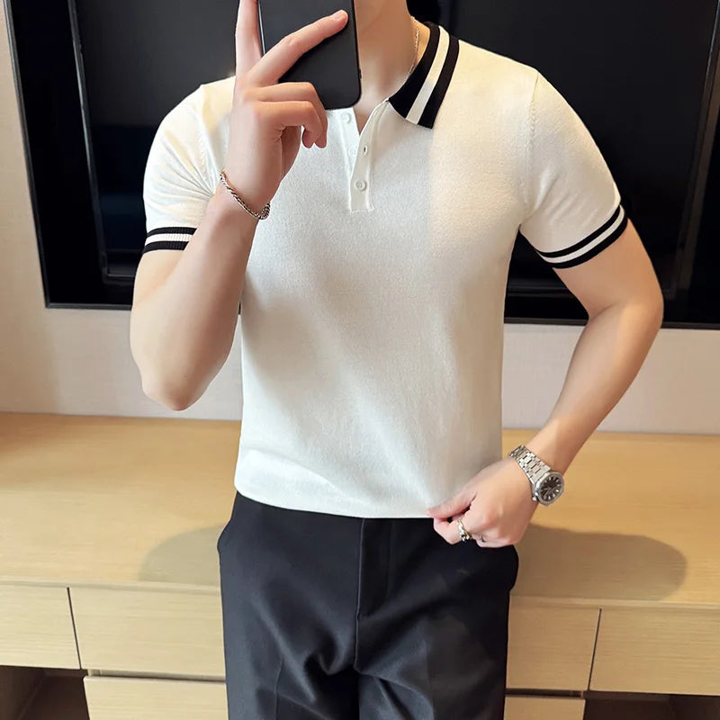 Summer Knitted Polo Shirt Men Short Sleeve Casual Business T-shirts Fashion Lapel Knitted Pullover Office Social POLO T-shirt mon !!!