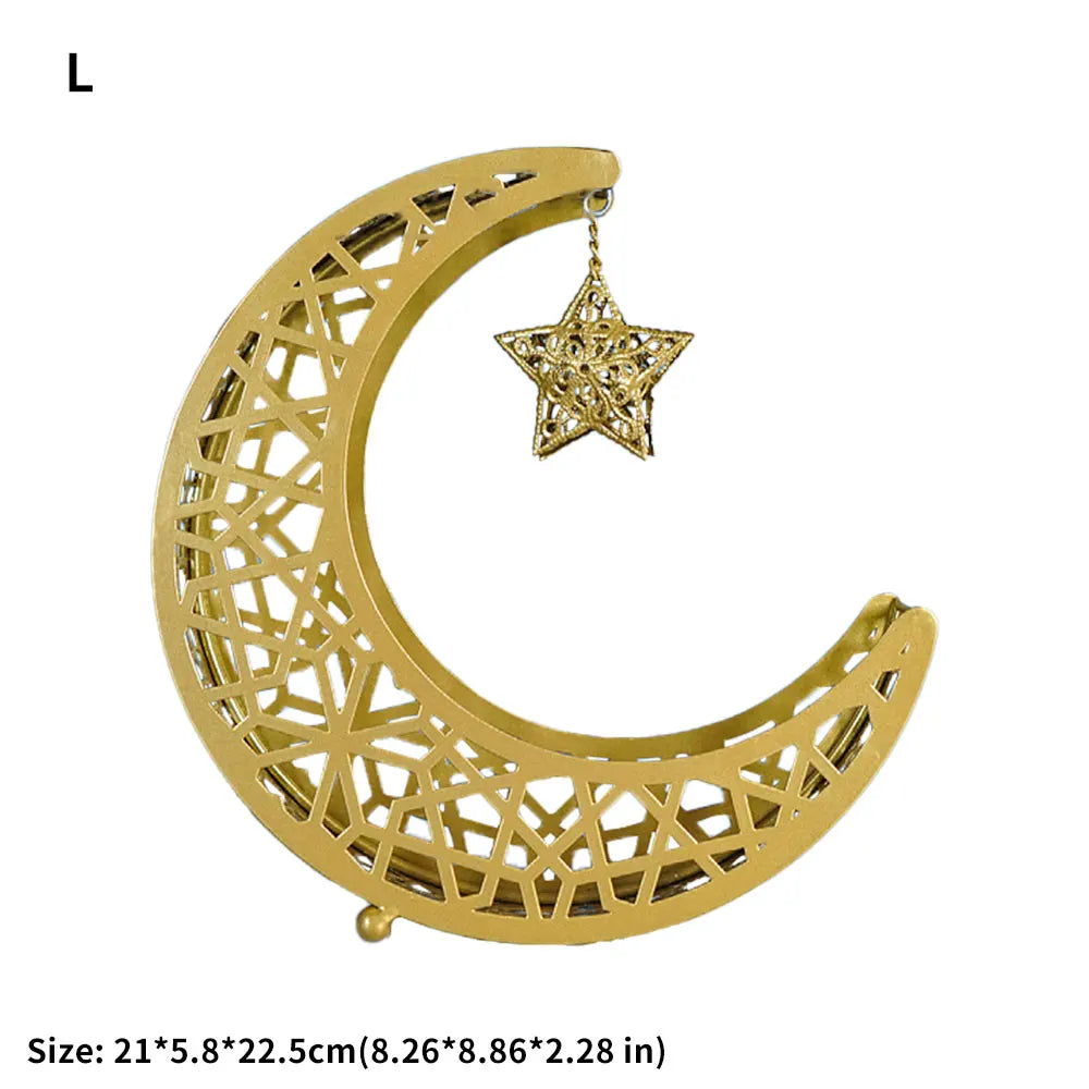 Golden Snack Tray Hollow Out Moon Star Shape Eid Mubarak Serving Platter Muslim Ramadan Nuts Plate