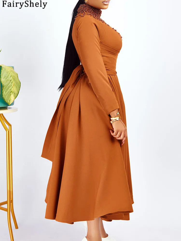 FairyShely 2025 Solid Long Sleeve Plus Size Long Dress Women Hollow Large Big Dresses Lady Cross Push Up Party Tight Curvy Dress