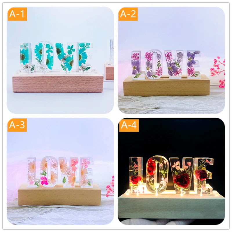 Customized A To Z Letters Dried Flower Wood Night Light Creative Romantic Table Lamp Gift for Couple Valentine Day Kid Birthday
