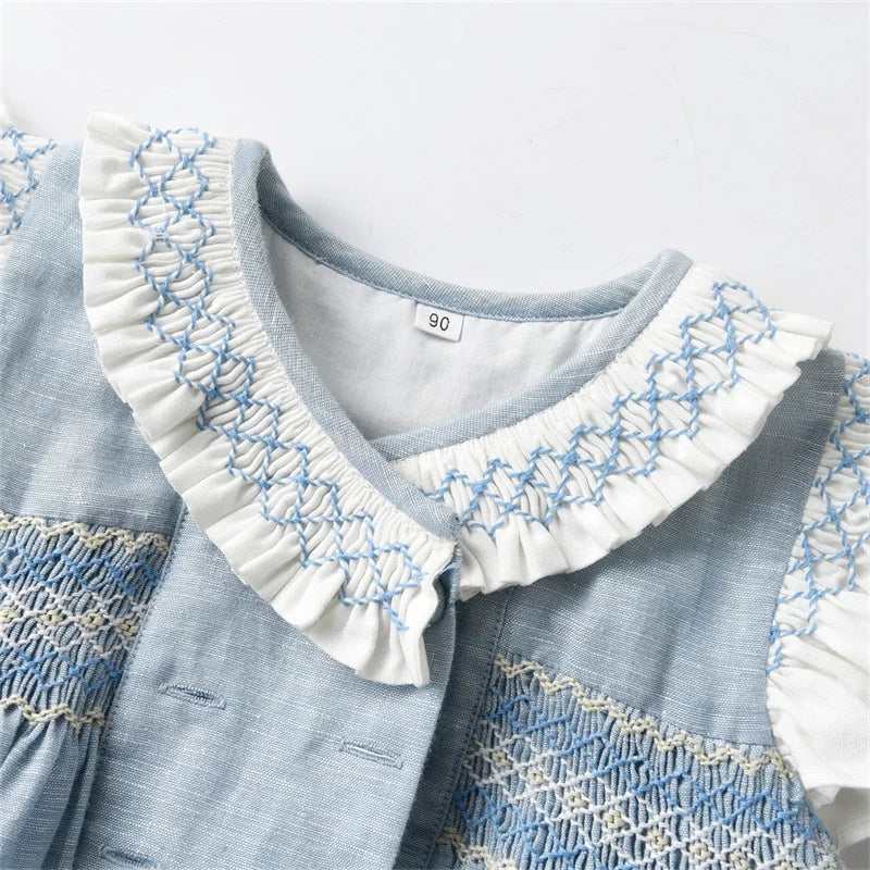 2024 Kids Spanish Dress Girls Hand Made Smocking Blue Dress with Ruffle Collar Sleeeve Baby Smocked Embrodiery Dresses