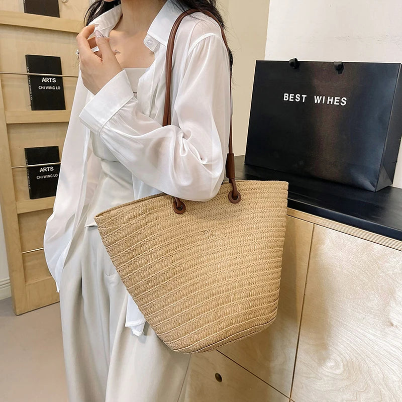 Large Design Straw Shoulder Bags for Women 2024 Y2K Korean Fashion Summer Tote Bags Travel Handbags and Purses Lady Beach Bag
