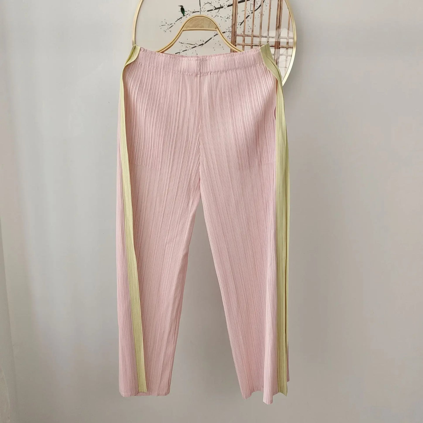 MIA XU Pleats Pants Sets 2025 Summer Miyake High-end Pleats Color Blocking False Two Pieces Fashion Casual T-shirt Pants Set