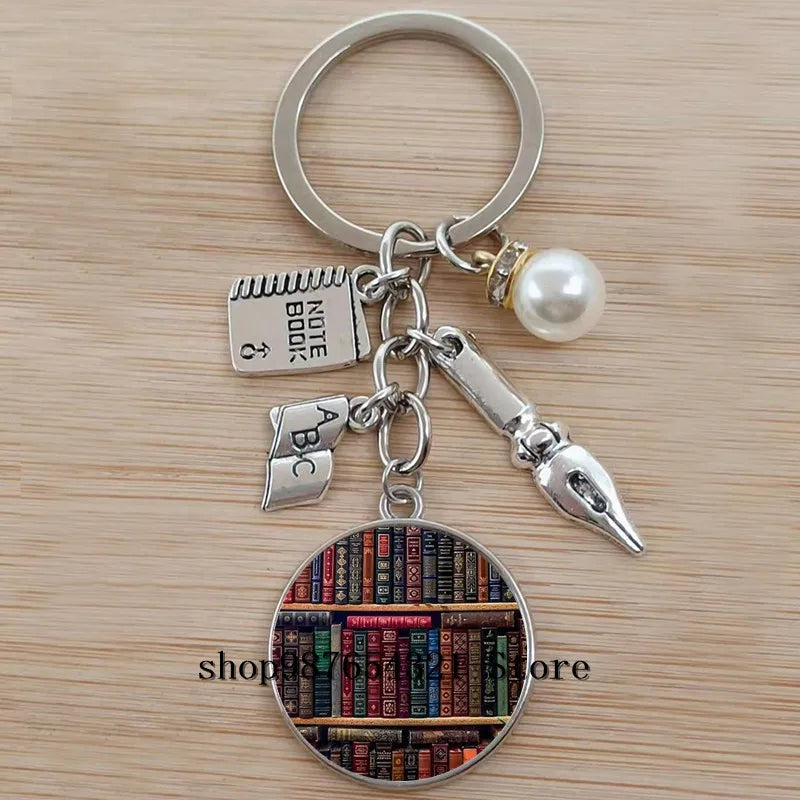 Classic Library Books Keychain Vintage Old Books Key Chain Librarians Key Ring Gift for Nerd Bookworm Writer Teacher