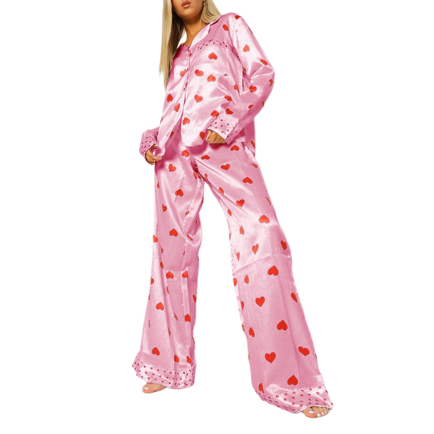Women s Valentine s Day Lounge Set Long Sleeve Button Up Heart Print Tops Pants Sleepwear