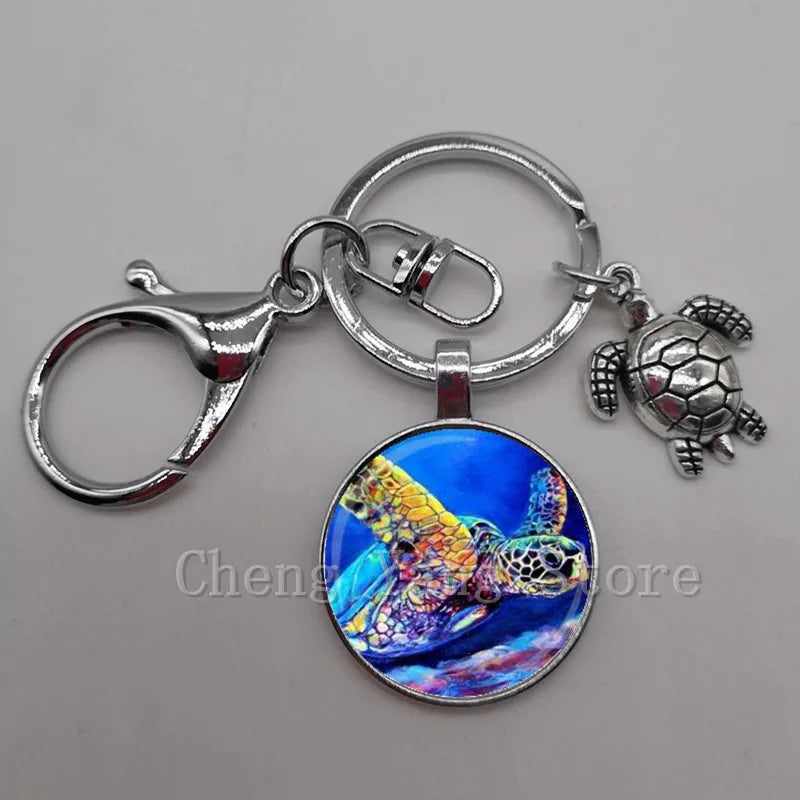 Marine life jewelry turtle dolphin shell keychain key ring glass convex round keychain charm turtle pendant Christmas gift