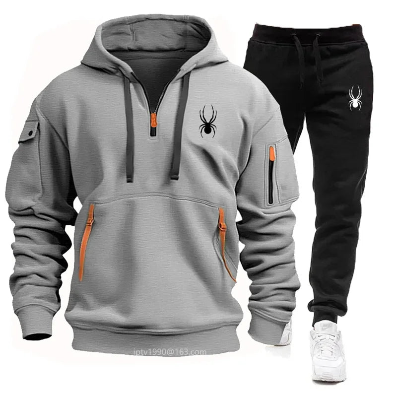 New men's sports suit hooded sweatshirt long pants arm pocket zipper fashionable casual outdoor jogging sportswear men's suit mon