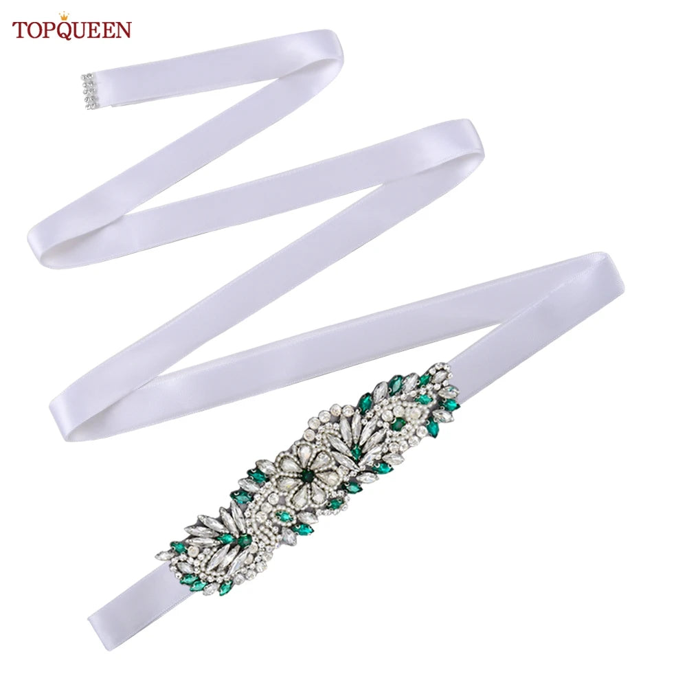 TOPQUEEN S22 Bride Rhinestone Belt Shiny Wedding Accessories Party Woman Emerald Belts Jewelry Wedding Dress Decoration Sash
