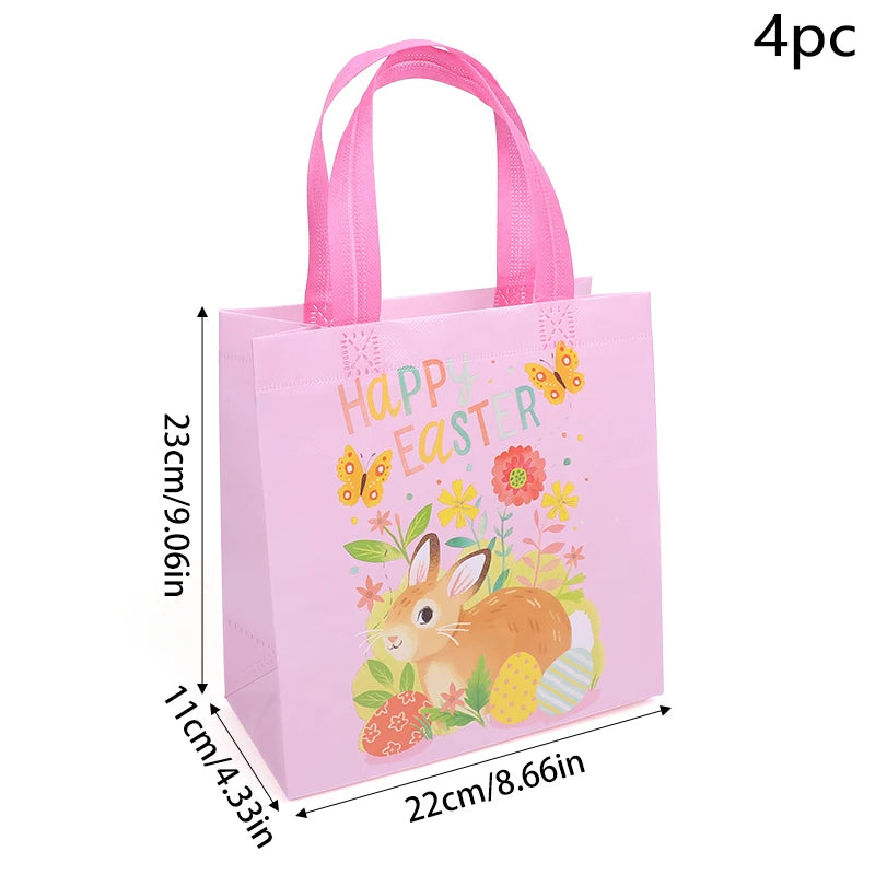 4pcs Easter Waterproof Non-woven Gift Bag Cartoon Egg Bunny Printed Candy Packaging Bag With Handles Happy Easter Party Supplies