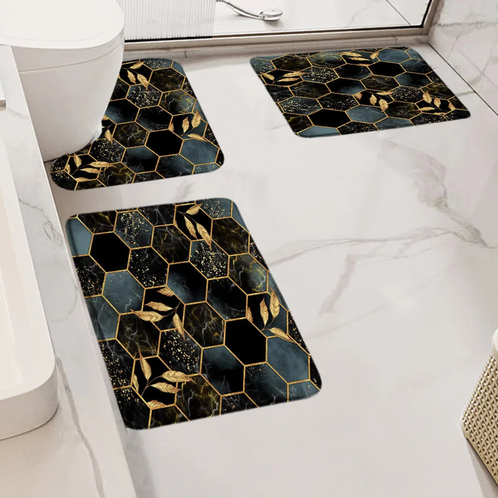 Badematten-Set mit abstraktem grauem Marmor und goldenem Strukturmuster, moderner Bodenteppich für das Badezimmer, dekorative rutschfeste Teppiche in U-Form 