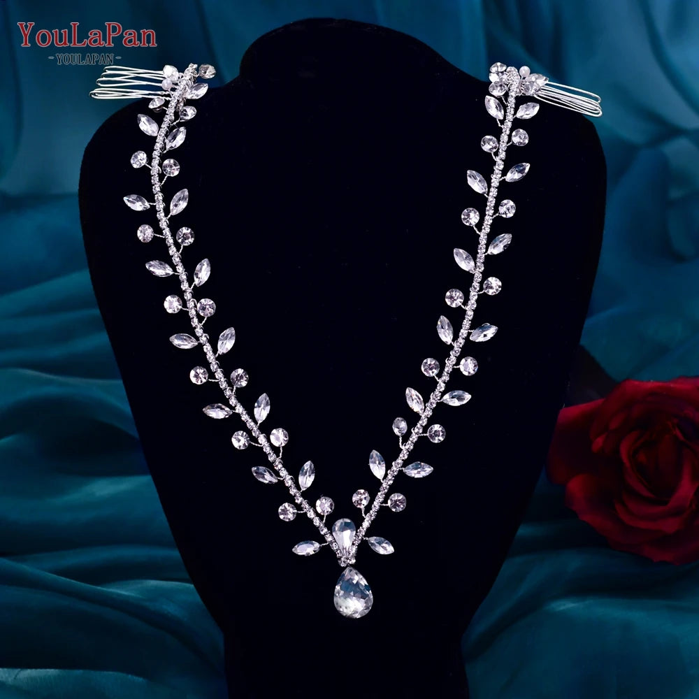 YouLaPan Crystal Flowers Hairpiece Bridal Wedding Hair Accessories Handmade Rhinestone Forehead Tiara Crown for Bride HP618