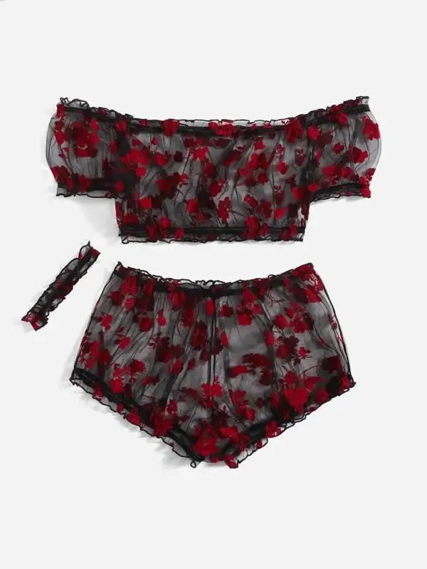 Plus Floral Pattern Sheer Mesh Lingerie Set & Choker
