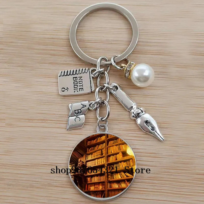 Classic Library Books Keychain Vintage Old Books Key Chain Librarians Key Ring Gift for Nerd Bookworm Writer Teacher