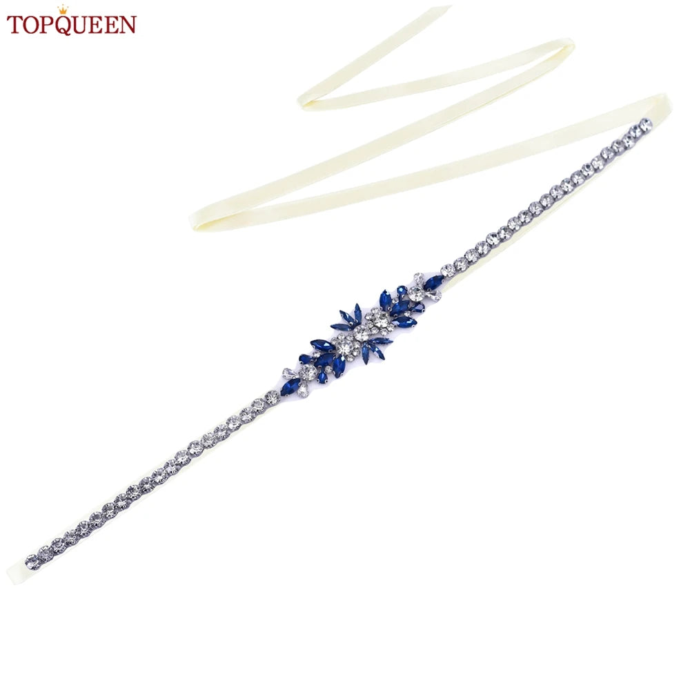 TOPQUEEN Blue Diamond Bridal Ribbon Belt Banquet Evening Dress Jewelry Sash Wedding Accessories Women Waist Decoration S166-ML