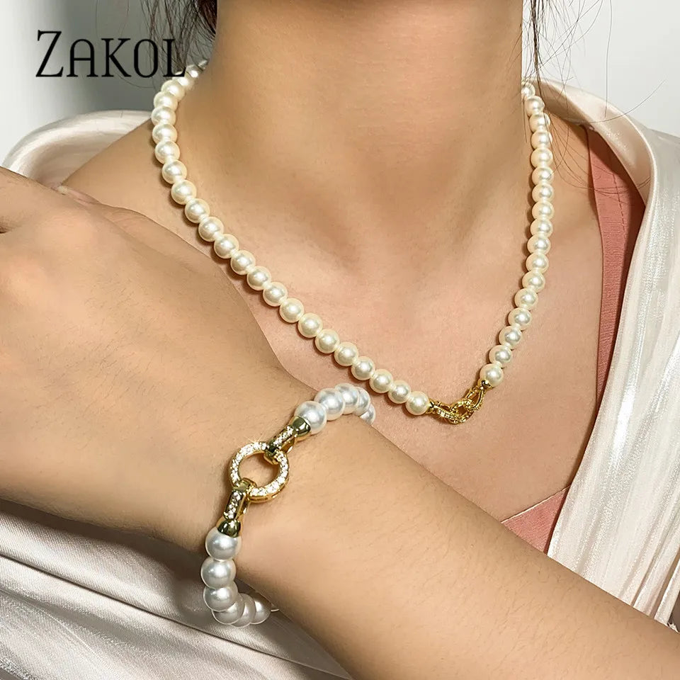 ZAKOL Elegant Zircon Round Buckle Imitation Pearl Beaded Necklace Barcelet For Women's Temperament Jewelry Set Sweet Accessories