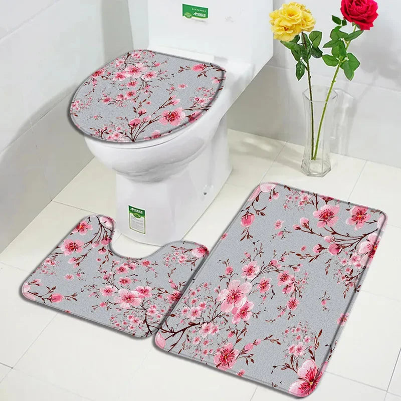 Pink cherry blossom bath mats 3PCs set plant flowers carpet modern print home bathroom decor door rug anti-slip toilet cover mat home improvement