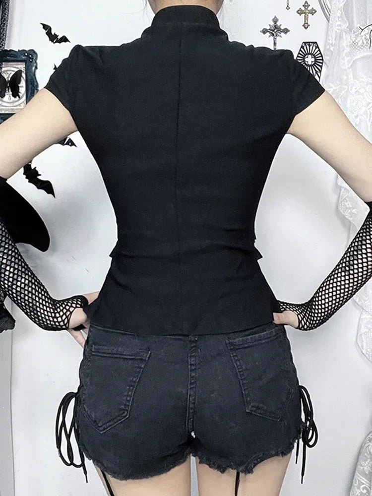 2025 New Women Vintage Punk Tees Dark Academia Gothic Hollow Out Short Sleeve Crop Tee Tops Streetwear Y2K Grunge Indie Clothes