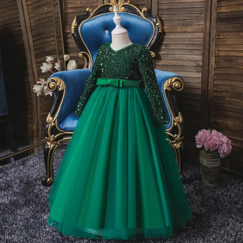 Fashion Glitter Flower Girl Dresses for Weddings Long Sleeve Kids Clothes Girls Dresses  Spring & Autumn Girls Party Dresses