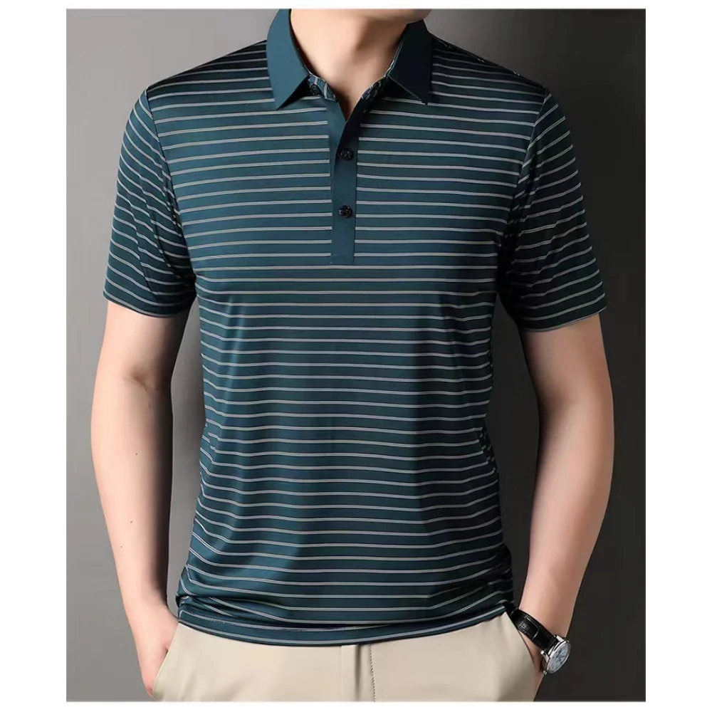 Men's Polo Shirts Korea Man Golf Shirts Summer Striped Print Button Clothing Business Style Male Streetwear Short Sleeve T-Shirt