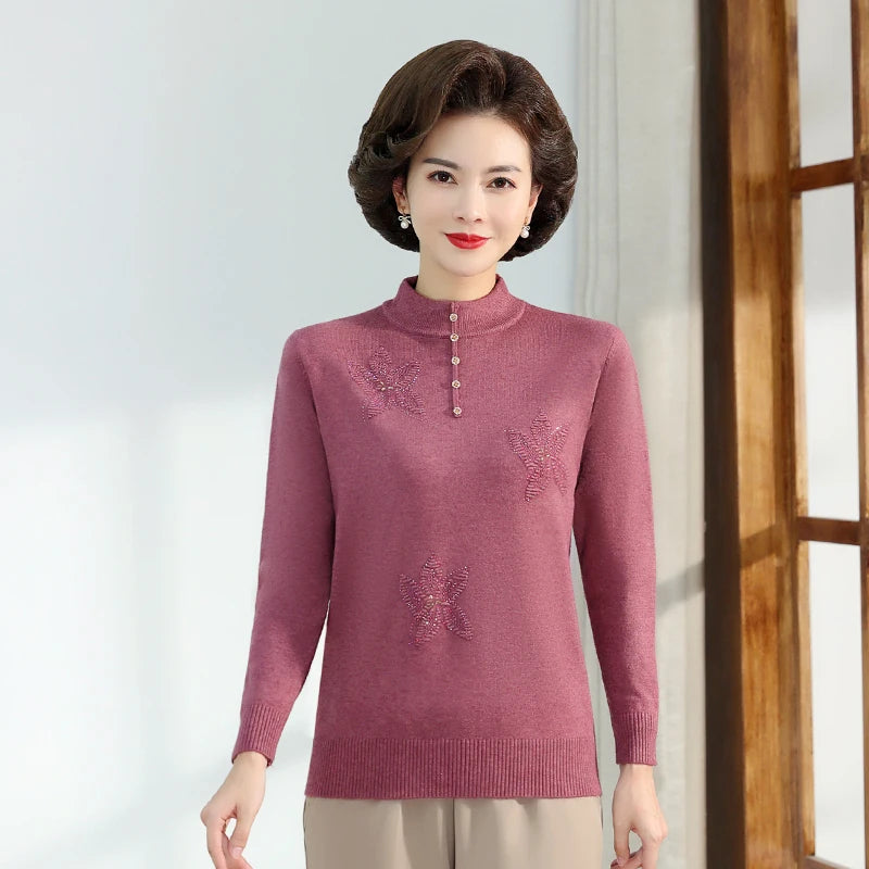 Middle-aged Women's Autumn Sweaters Pullovers V-neck JUmper Hot diamond Knitting Sweater Mother Dress Tops
