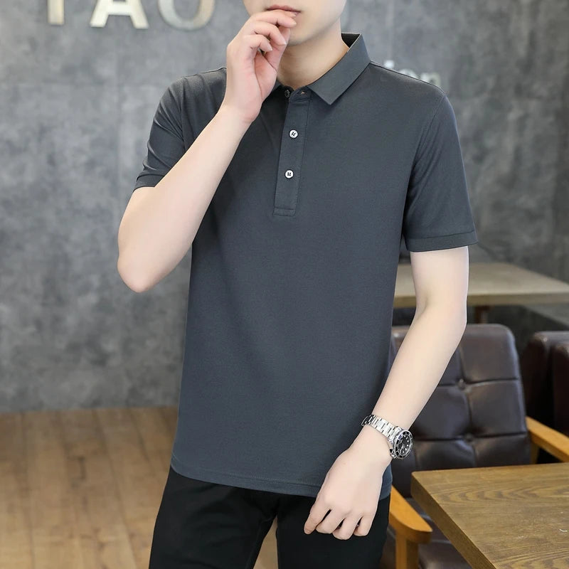 Summer Short Sleeve Men's Solid Button Pullover Turn-down Collar Vacation T-shirt Casual Formal Undershirt Preppy Style Tops