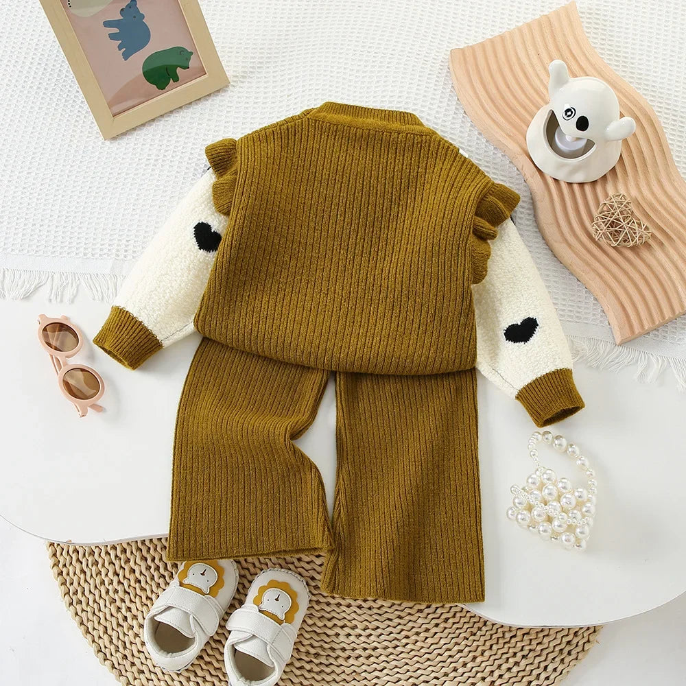 Children's Clothing Sets Love Lace Knit Top + Wide-leg Pants 2pcs Sets Knit Sweater Kids Winter Clothes Baby Girl Outfit Set