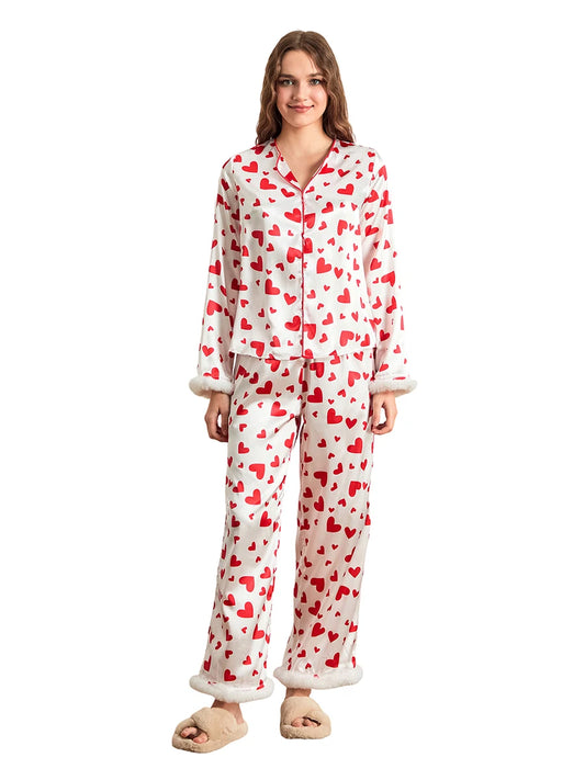 Women s Valentine s Day Lounge Set Long Sleeve Button Up Heart Print Tops Pants Sleepwear Sets