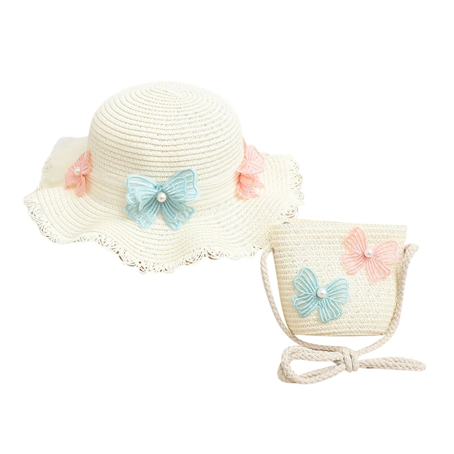 2pcs Set Girls Summer Straw Sun Hat Kids Summer Protection Wide Brim Reversible Bow Hats with Crossbody Bag Outdoor Acceessories